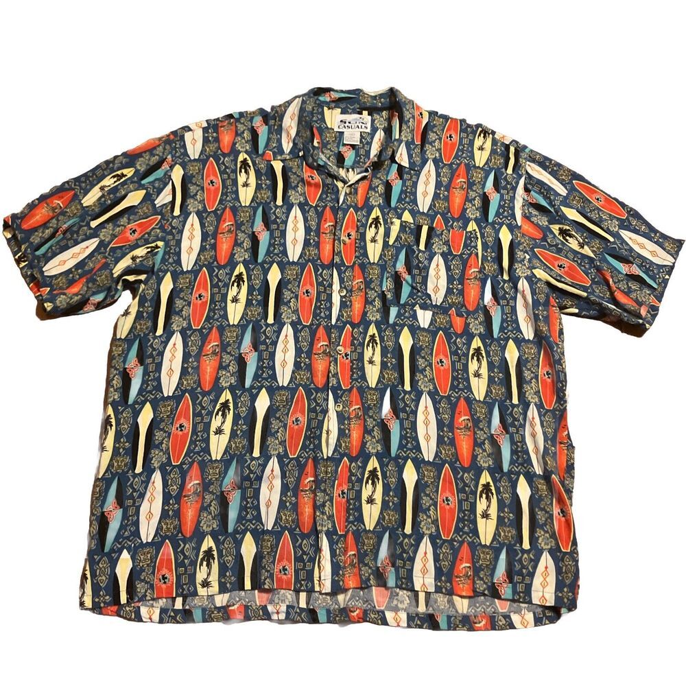 Sun Casuals Mens XL‎ Blue Surfboard Tiki Print Rayon Hawaiian Button Down Shirt